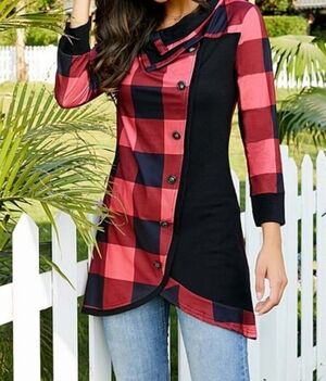 NWT Reborn Red & Black Plaid Tunic With Buttons Accents sz S